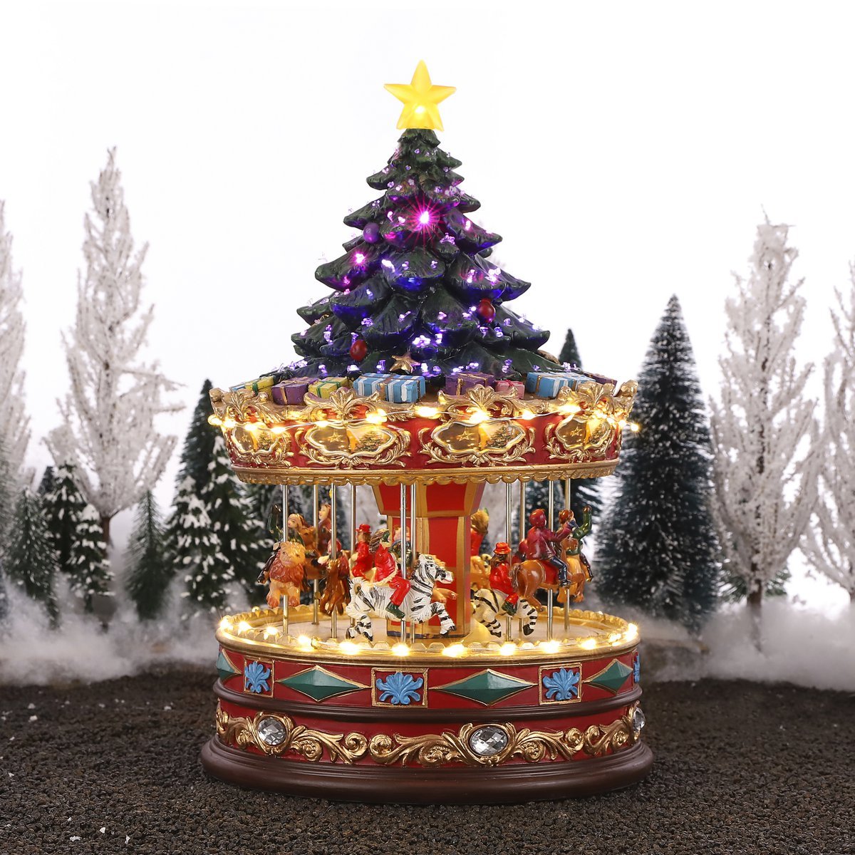 LuVille Weihnachtsdorf Miniaturkarussell mit Weihnachtsbaum – L22 x B22 x H35 cm