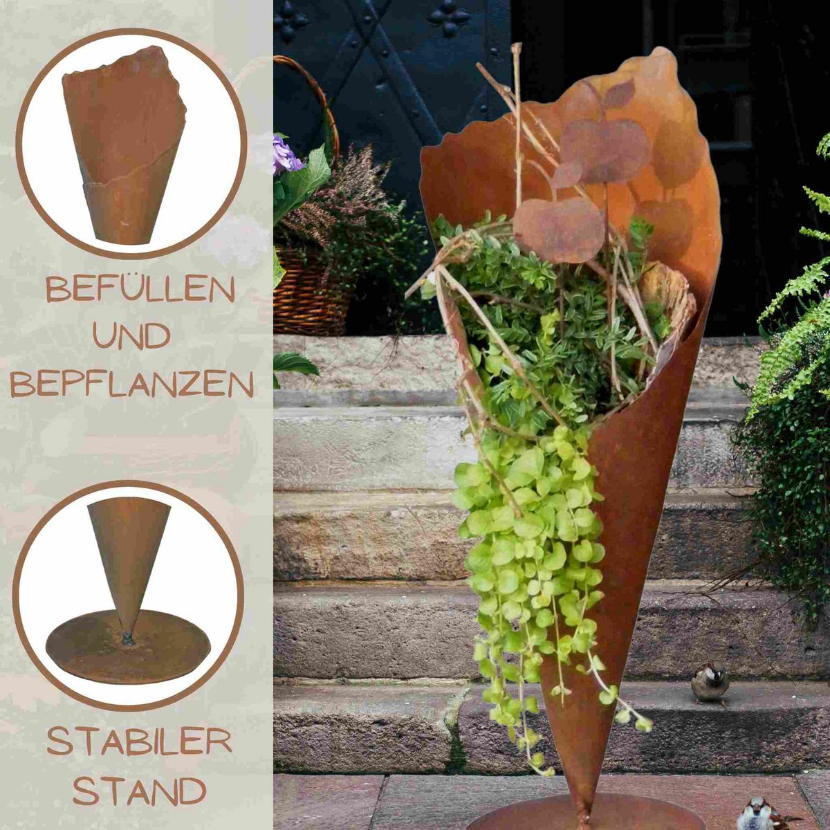 Rostdeko Pflanztüte auf Bodenplatte | Edelrost Gartendeko Pflanzvase aus Metall