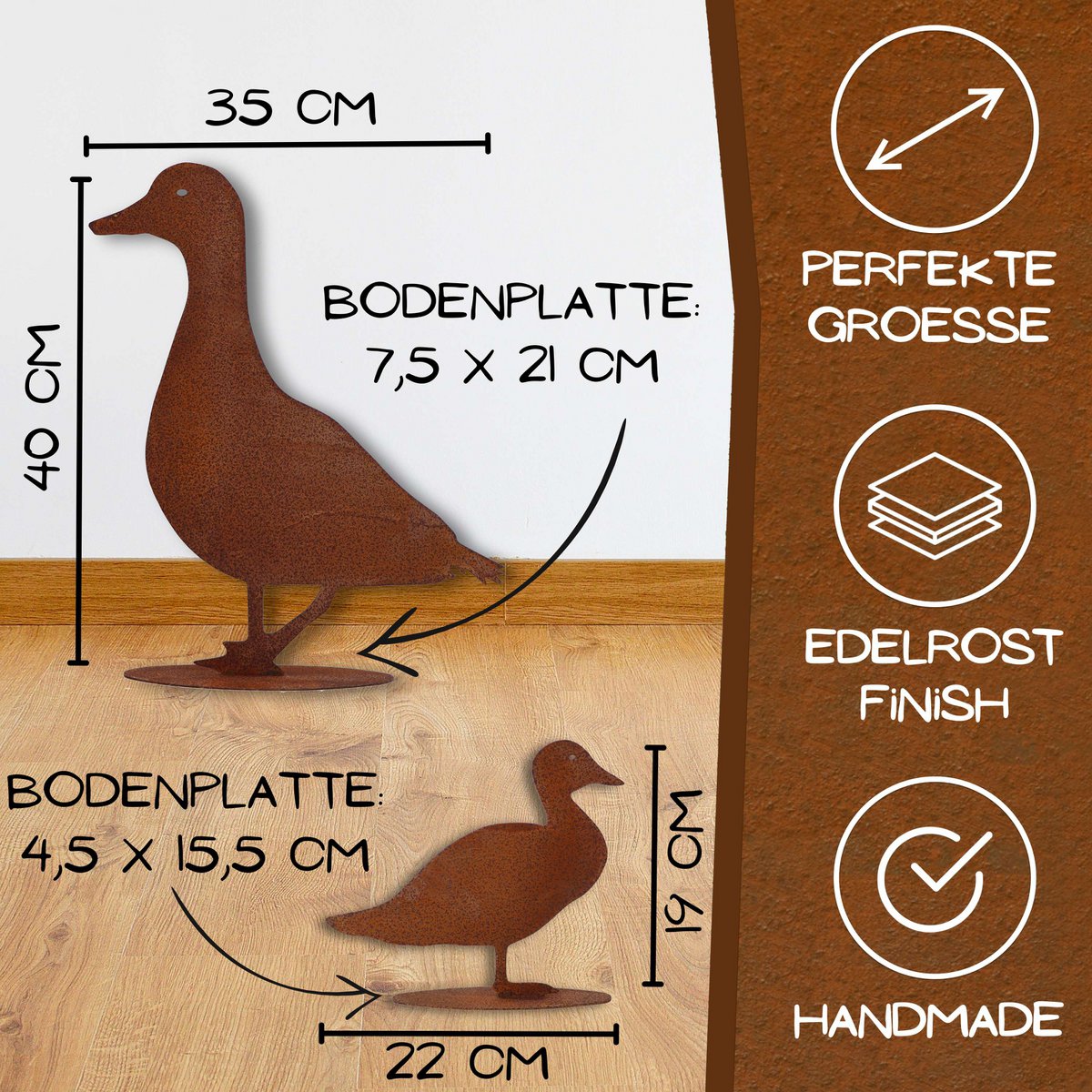 Rostige Deko Ente auf Bodenplatte | Edelrost Metalldeko
