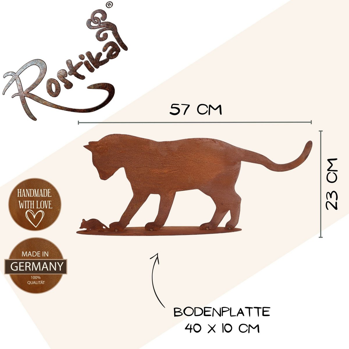 Edelrost Katze mit Maus | auf Bodenplatte | Shabby Chic Metalldeko
