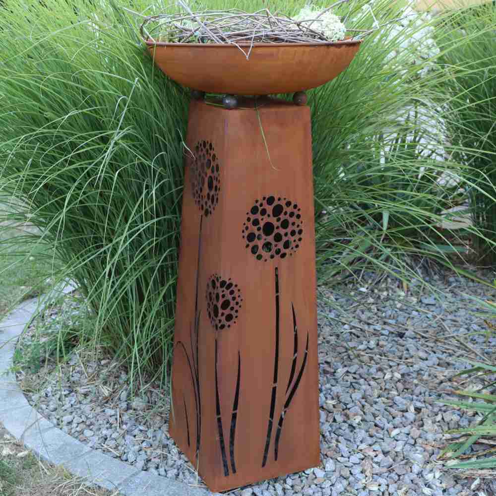 Rost Pflanzsäule mit Pusteblume Motiv | mit verschiedenen Schalen | Gartendeko Rost Blumensäule