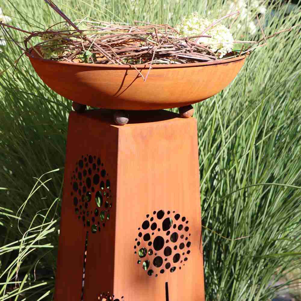 Rost Pflanzsäule mit Pusteblume Motiv | mit verschiedenen Schalen | Gartendeko Rost Blumensäule