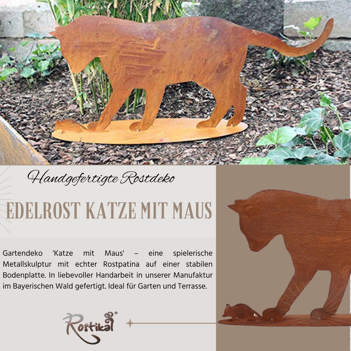 Edelrost Katze mit Maus | auf Bodenplatte | Shabby Chic Metalldeko