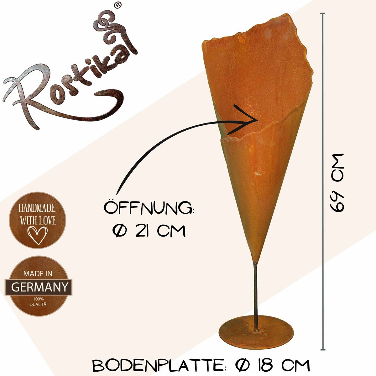Blooming Pflanztüte "Rostikal" mit Stab auf Bodenplatte | Edelrost Gartendeko Pflanzvase