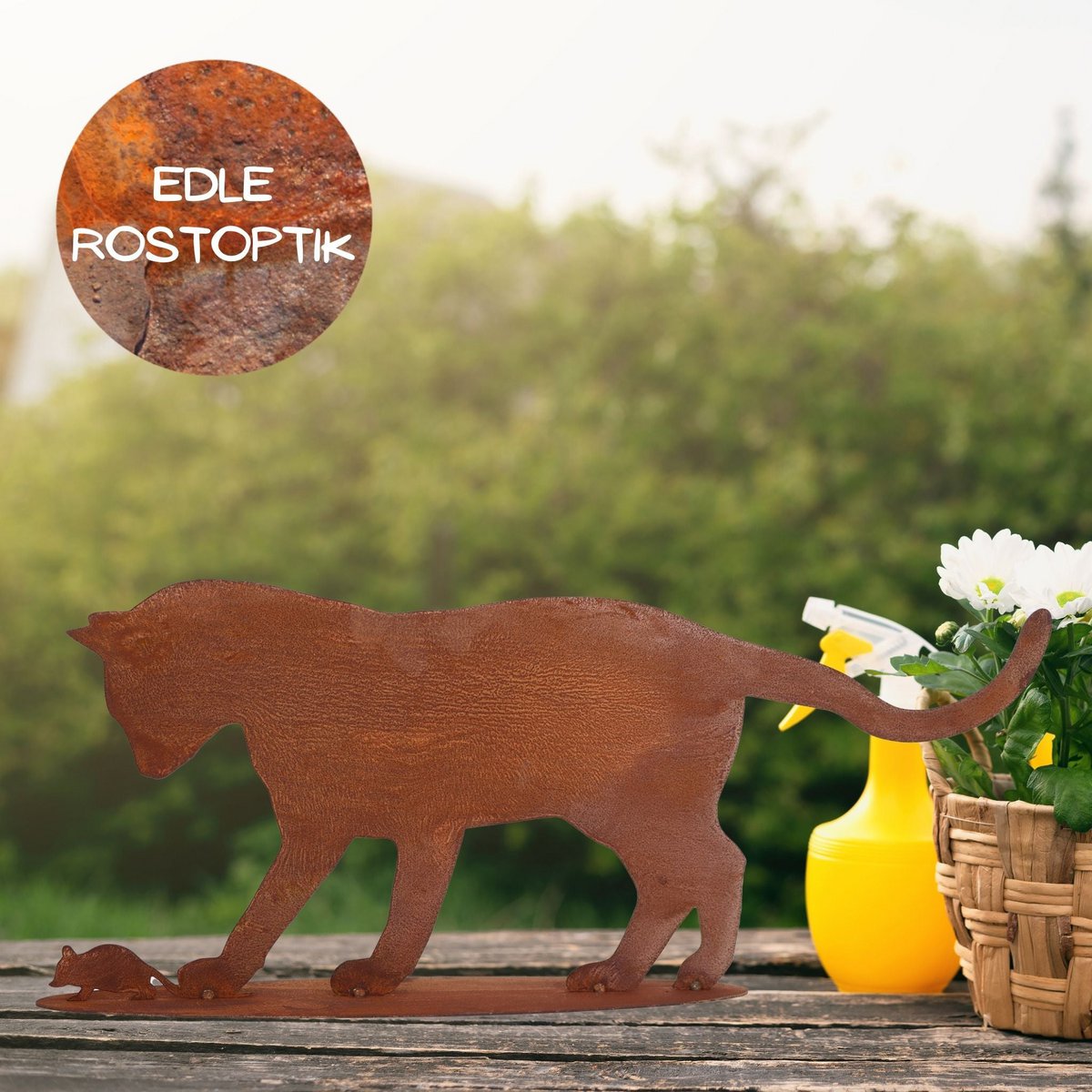 Edelrost Katze mit Maus | auf Bodenplatte | Shabby Chic Metalldeko