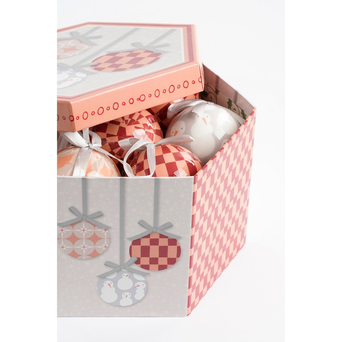 Geschenkset Weihnachtskugeln – 14 Stück – Ø8 cm – unzerbrechlich – Pfirsich, Grau