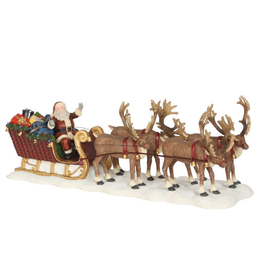 LuVille Weihnachtsdorf Miniatur-Weihnachtsmann mit seinem Rentierschlitten – L21 x B7 x H8 cm