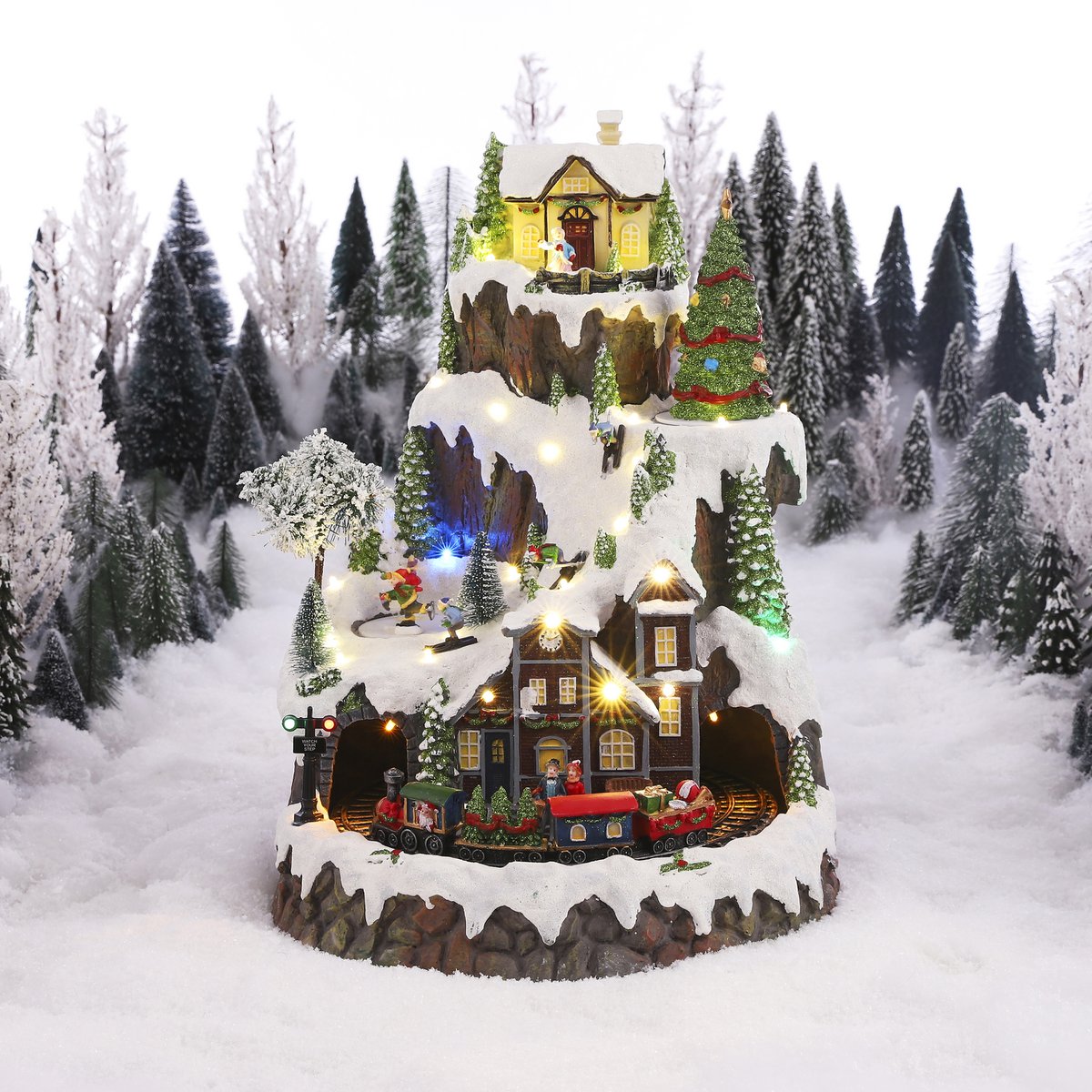 LuVille Weihnachtsdorf Miniatur-Bergdorf mit Zug – H43 x Ø31 cm
