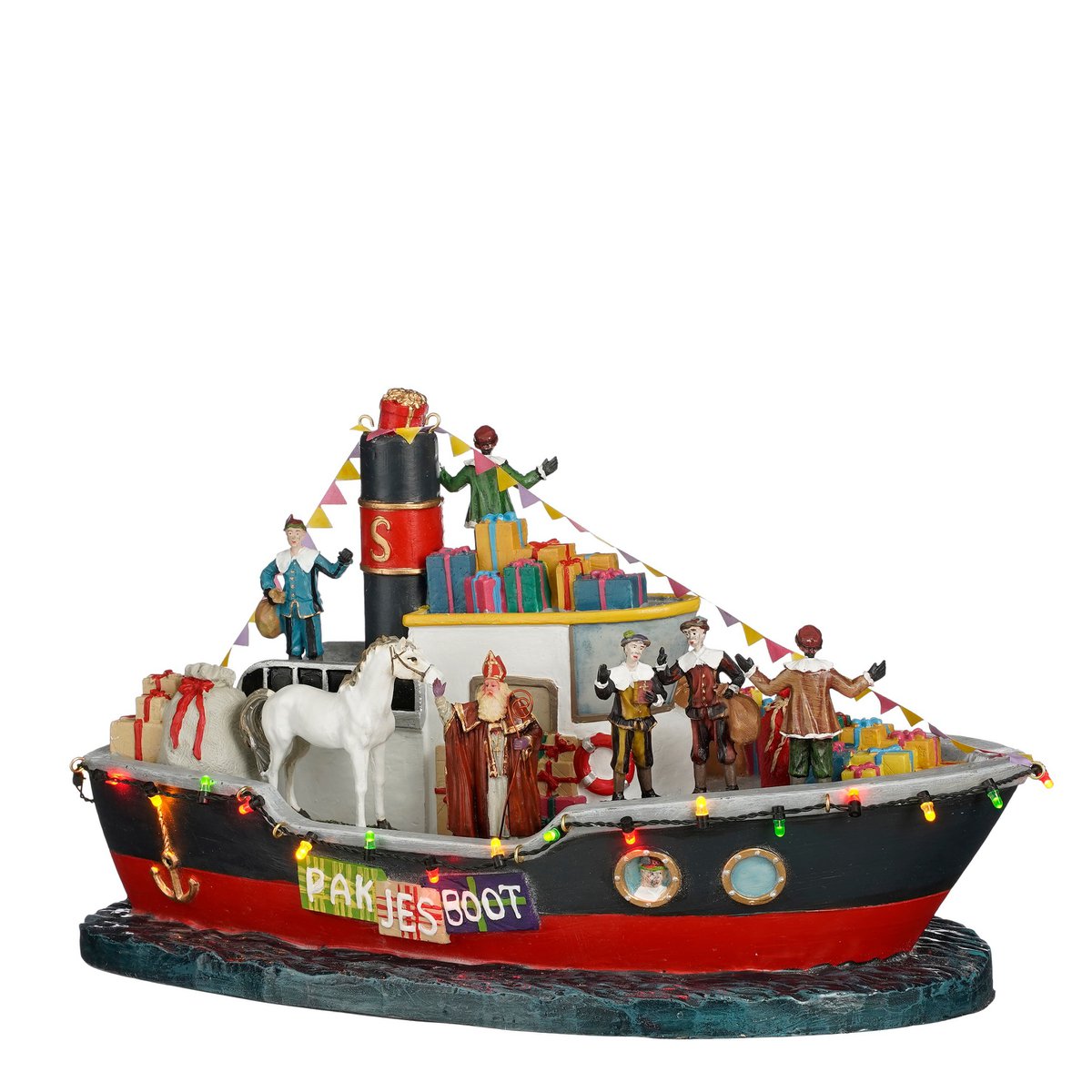 LuVille Sinterklaas Miniatur-Paketboot mit LED-Beleuchtung – L33 x B18 x H19 cm – Mehrfarbig