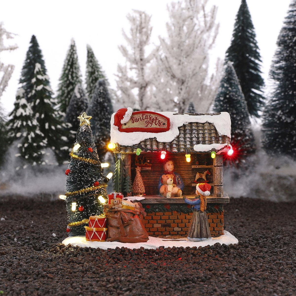 LuVille Weihnachtsdorf Miniatur-Geschenkstand mit Weihnachtsmann-Geschenken – L 14 x B 9 x H 11 cm