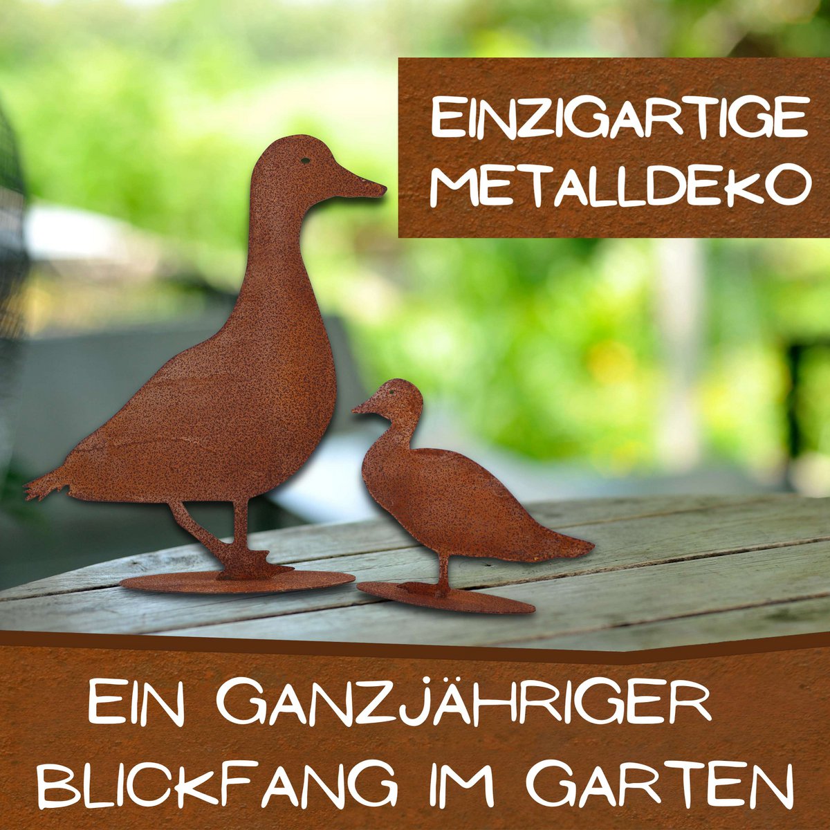 Rostige Deko Ente auf Bodenplatte | Edelrost Metalldeko