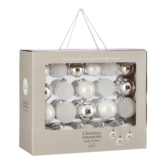 Weihnachtskugeln Set - 42 Stück - Ø7 cm - Glas - Weiß