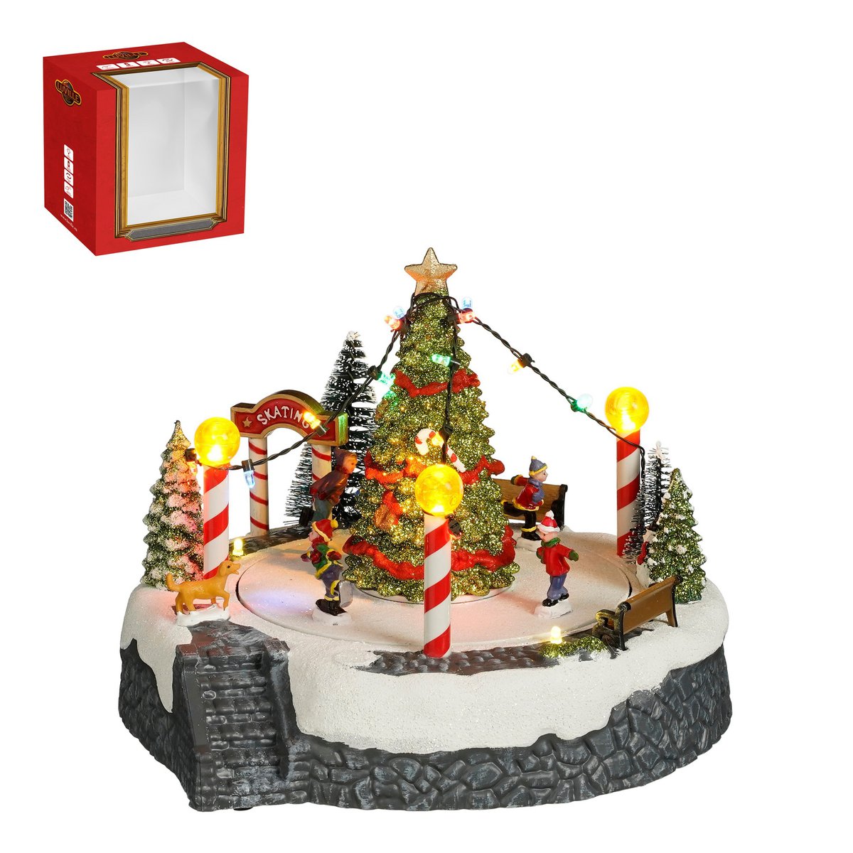 LuVille Christmas Village Miniatur-Weihnachtsbaumszene – L22 x B22 x H19 cm