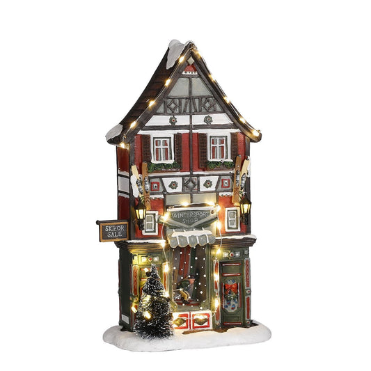 LuVille Weihnachtsdorf Miniatur-Wintersportgeschäft – L18 x B8 x H28 cm
