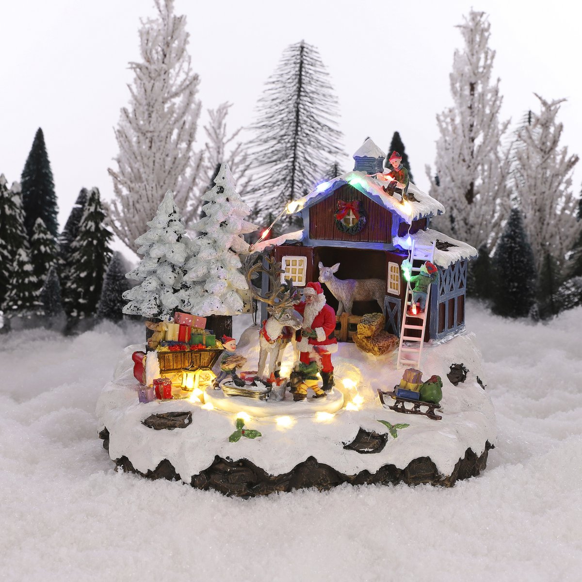 LuVille Weihnachtsdorf Miniatur-Weihnachtsdorf mit Rentier – L24 x B21 x H20 cm