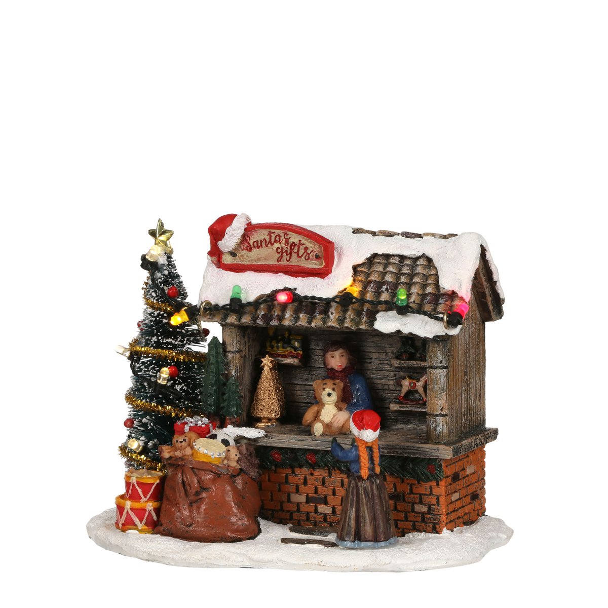 LuVille Weihnachtsdorf Miniatur-Geschenkstand mit Weihnachtsmann-Geschenken – L 14 x B 9 x H 11 cm