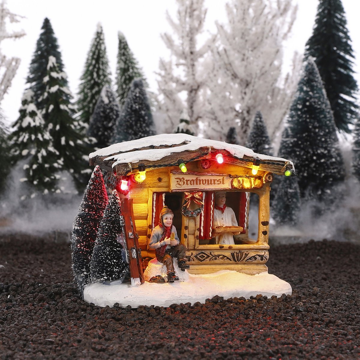 LuVille Weihnachtsdorf Miniatur-Bratwurst-Marktstand – L14 x B11 x H10 cm