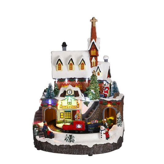 LuVille Christmas Village Miniatur-Bahnhof – L24 x B24 x H33 cm – Mehrfarbig