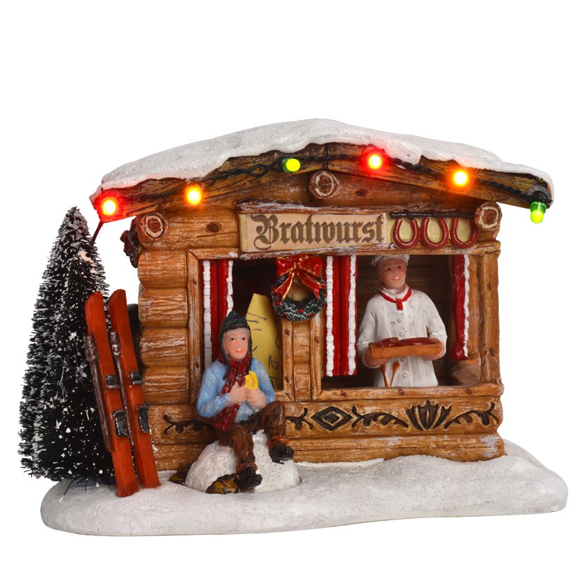 LuVille Weihnachtsdorf Miniatur-Bratwurst-Marktstand – L14 x B11 x H10 cm