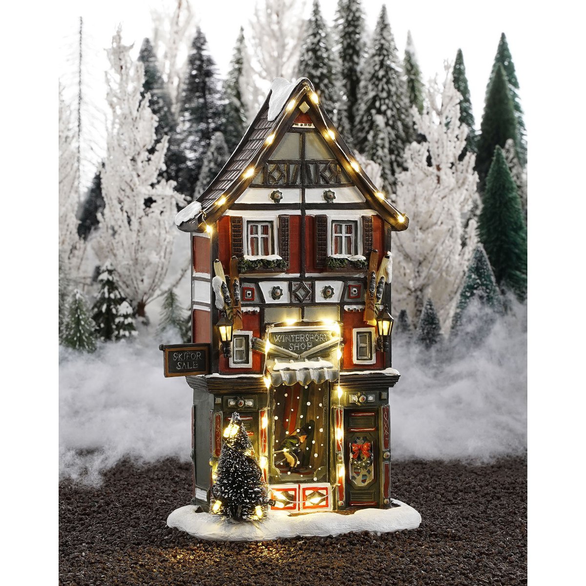 LuVille Weihnachtsdorf Miniatur-Wintersportgeschäft – L18 x B8 x H28 cm
