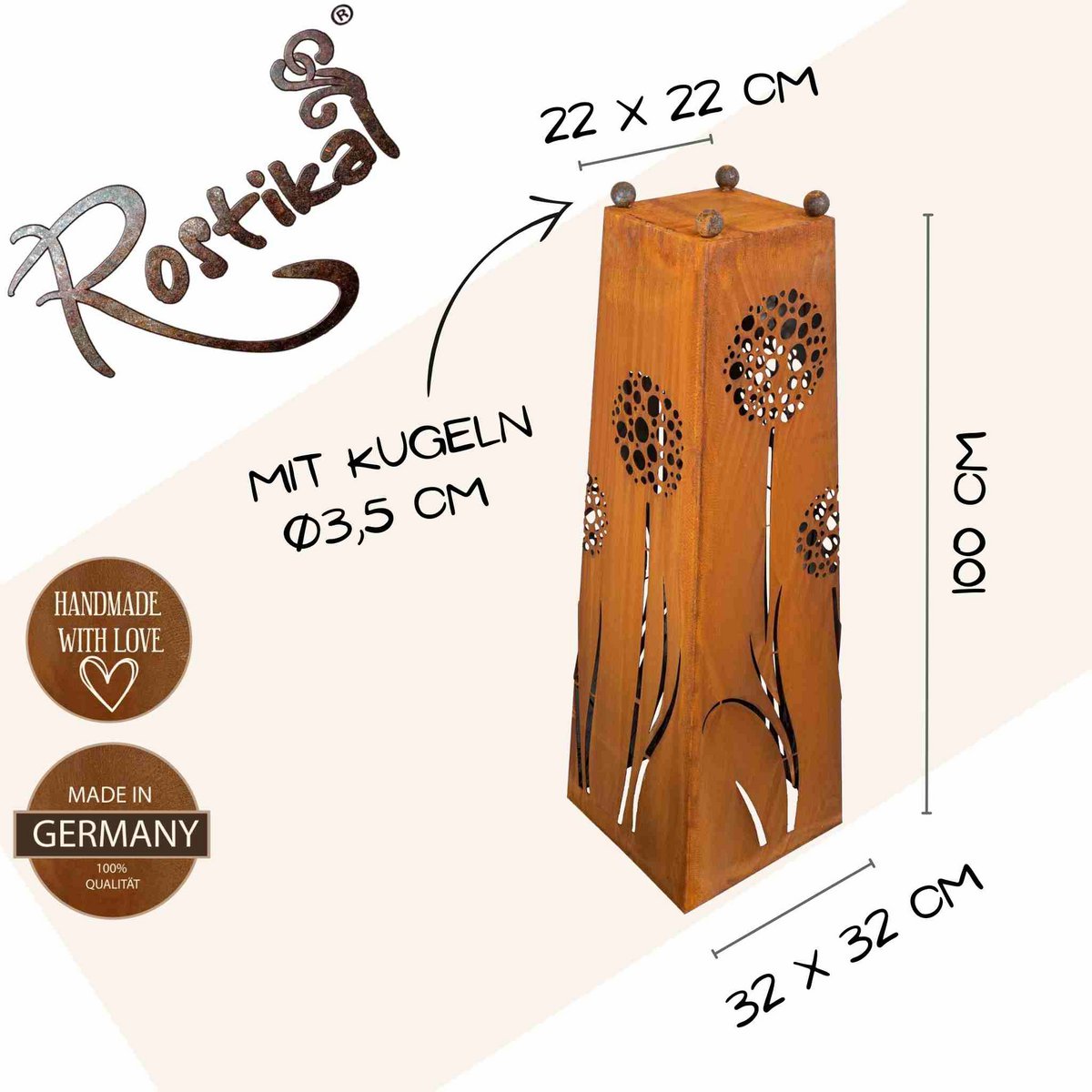 Rost Pflanzsäule mit Pusteblume Motiv | mit verschiedenen Schalen | Gartendeko Rost Blumensäule