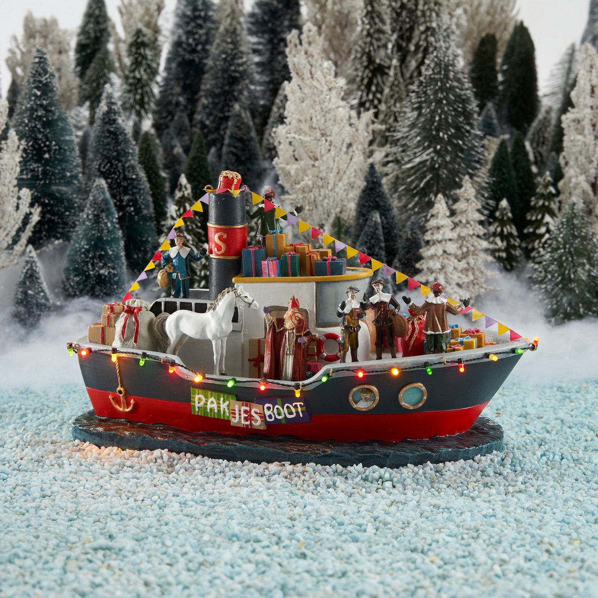 LuVille Sinterklaas Miniatur-Paketboot mit LED-Beleuchtung – L33 x B18 x H19 cm – Mehrfarbig