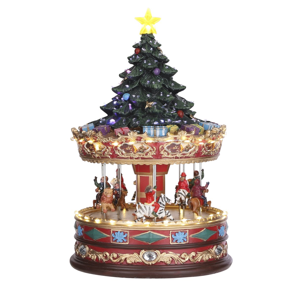 LuVille Weihnachtsdorf Miniaturkarussell mit Weihnachtsbaum – L22 x B22 x H35 cm