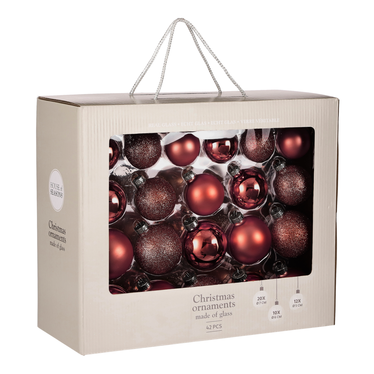 Weihnachtskugeln Set - 42 Stück - Ø7 cm - Glas - dunkelrot