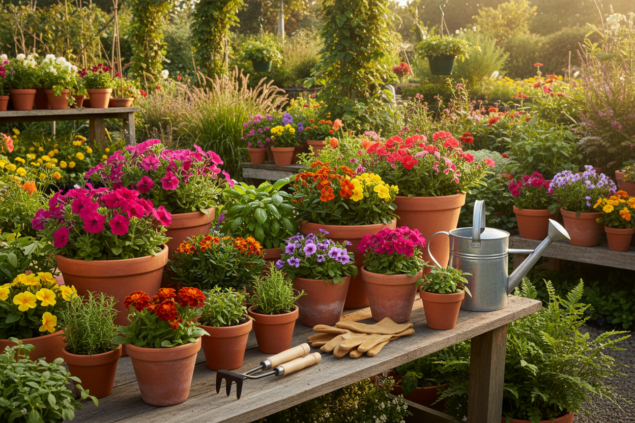 Garten, Blumtentöpfe, Gärtnerei und Gartenarbeit